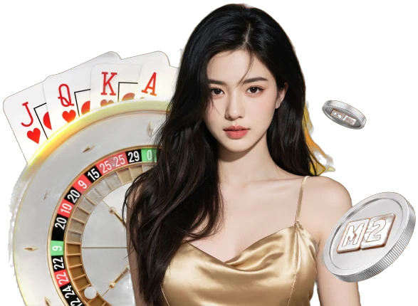 M2 live casino artwork with a dealer, roulette wheel and playing cards